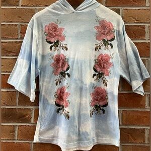 Wildfox Light Blue Cloud Print Half Sleeve Hooded shirt with Pink Rose Design